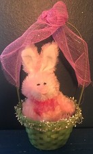 Primitive Spring/ Easter Green Basket W/ Soft Pink Fuzzy Bunny With Pink Ribbons