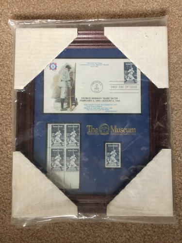 Framed Babe Ruth 1983 1st day cover, 4 stamp block with #3, 1 single stamp