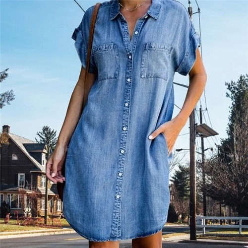 Women Denim Shirt Dresses Short Sleeve plus size Jean Dress Casual Tunic Top - Picture 5 of 10