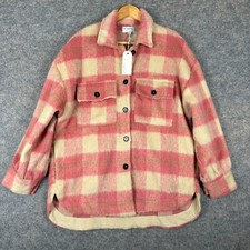 By Together Jenifer Shacket Womens Medium Button Red Pink Plaid Fuzzy Jacket
