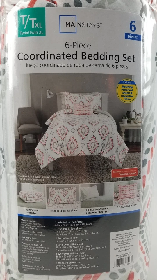 Juego de cama coordinado Mainstays de 6 piezas doble/XL acuarela diamante coral nuevo Foto 3 de 4