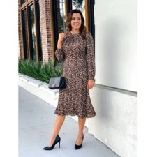 J. Crew Brown Leopard Print Ruffle Neck Peasant Long Sleeve Maxi Dress 0