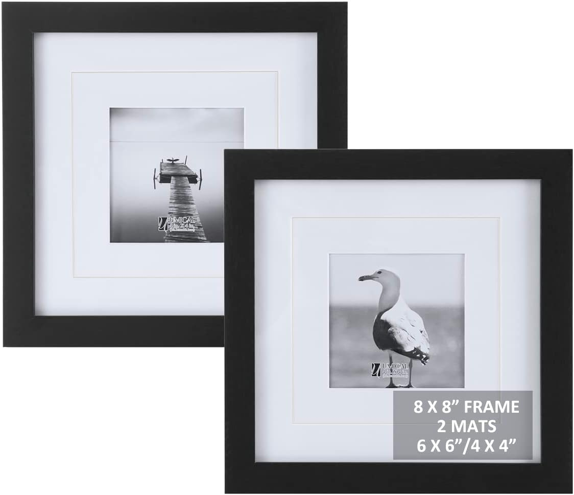 8x8 Picture Frames, Set of 2, Black Wood, Display 6x6 or 4x4 with Mat-image