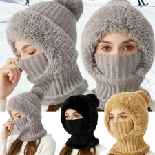 Womens Winter Warm Elastic Soft Ear Protection Knitted Scarf Mask hat Fleece USA