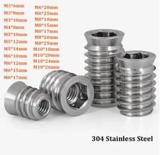 M3 M4-M10 Stainless Steel Furniture Nut Hex Flat Head Screw Threaded Wood Insert