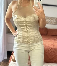 Moda International Y2k Size Medium Silk Corset Lace Up Top Beige White Floral