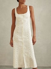REISS Clarice Petite White Linen Eyelet Button Down Midi Dress Sz 4P Coastal