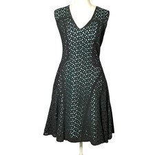 Maggy London Eyelet Dress Women Size 6 Fit and Flare Black Turquoise Blue
