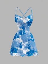 SHEIN MOD Casual Elegant Blue & White Floral Print Draped Neck Sleeveless Mini D
