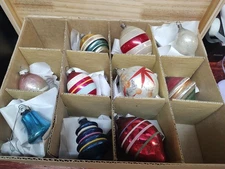 10 Vtg Shiny Brite/Other Glass Ornaments Including "Atomic/UFO" Teardrop & Bell