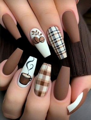 Press-On Nails Plaid Brown  Cream Extra-Long - Coffin Shaped Squared Finish