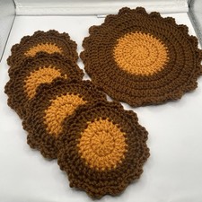 Handmade Crochet Set Of 6 Round Coasters With Pot Holder In Fall Colors.