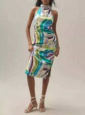 BHLDN By Anthropologie Simone Printed Halter Satin Midi Dress Ruched XS 273911