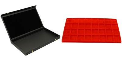 Black Faux Leather Jewelry Case w/ 1 Red 32-slot Plastic Tray (Snap close lid)