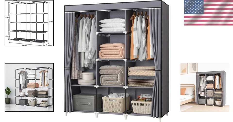 Armario Portátil Armario Torre de Almacenamiento de Ropa con Estantes y Varillas Gris Foto 2 de 4