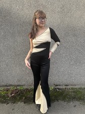 Vintage 1970s Jumpsuit Black/White Off-Shoulder Flared Legs