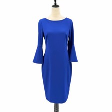 Calvin Klein 6 Crepe Shift Bright Royal Blue 3/4 Bell Sleeve Sheath Chic Dress