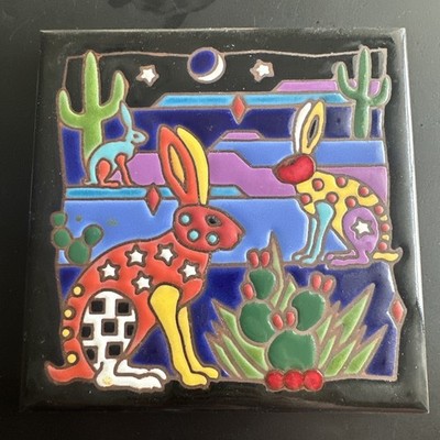 VTG Masterworks Handcrafted Art Tiles Ceramic Trivet Desert Rabbits  6 x6 