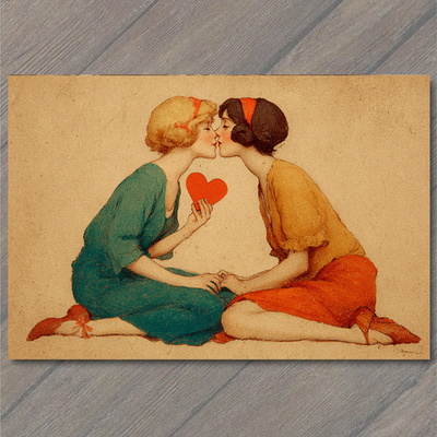#ad #ad POSTCARD Vintage Romantic Women Holding Red Heart Kissing Sweet Retro Love Art $6.65