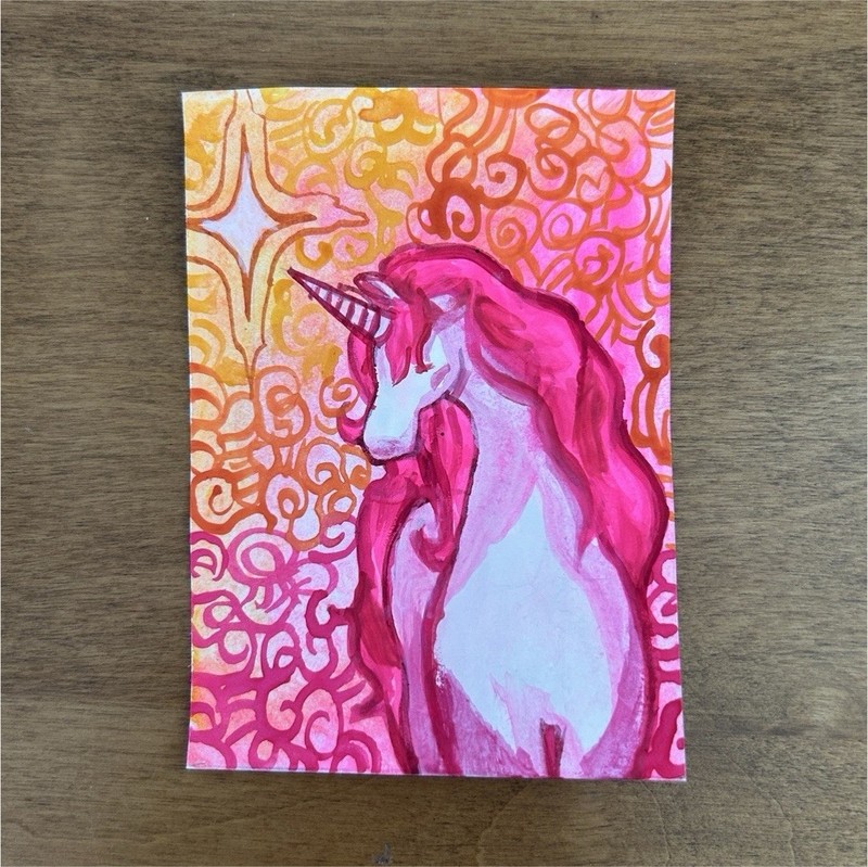 ACEO Original yellow pink Unicorn Fantasy Painting Layla Studi0 2.5x3.5