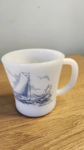 Vintage Milk Glass and Blue Yachting Boating Coffee Cup Mug Currier & Ives