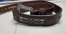 Vintage Wrangler Tooled Leather Western Belt Beaded Inlay Mexico 36/90