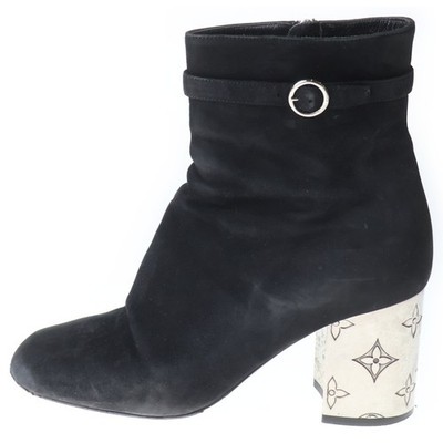 LOUIS VUITTON Monogram Metal Heel Side Zip Suede Leather Ankle BOOTS Black Used