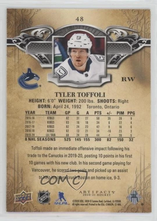 2020-21 Upper Deck Artifacts Emerald /99 Tyler Toffoli #48 - Image 2 of 2