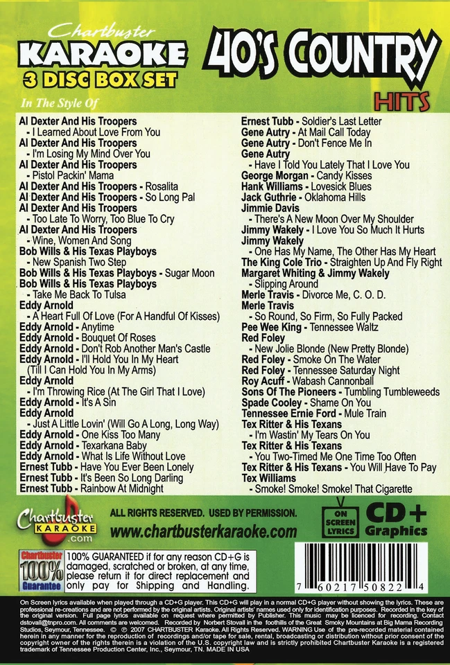 40's Country Karaoke CDG 5082 Eddy Arnold-Tex Ritter-Bob Wills-Ernest Tubb-NEW - Image 2 of 4