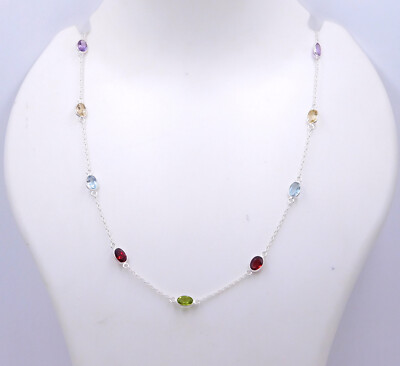 5.10 Gm 925 Sterling Silver Natrual Multi Gemstone Bezel Necklace Size 18.25''
