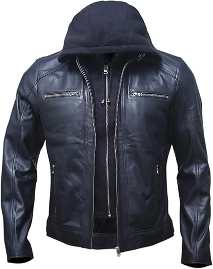 Mens Genuine Lambskin Leather Motorcycle Jacket with Removable Hood in Black