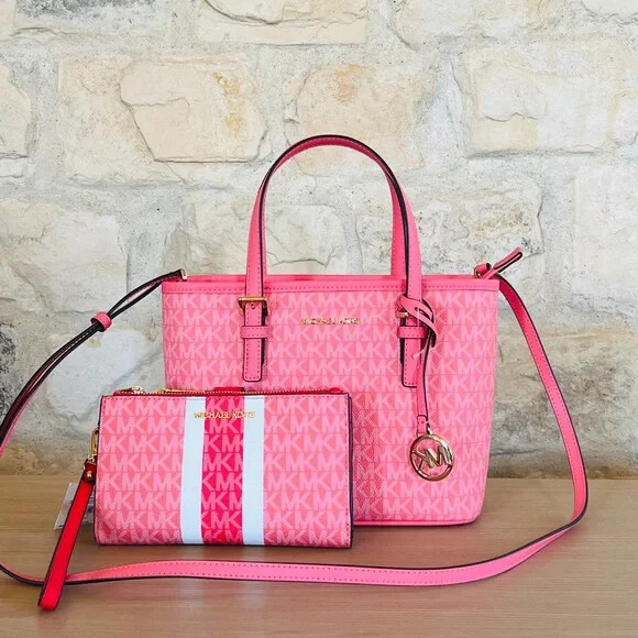 Michael Kors NWT Grapefruit Backpack & Used Wristlet Wallet Michael Kors Jet Set Monogram Travel Zip Around Wallet with  main image 2