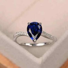 Art Deco Style Lab-Created Diamond Pear Cut Blue Sapphire Ring 14K White Gold FN