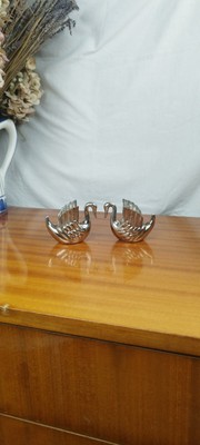 Paar Von Kerzenhalter Zoomorph Schwan Versilbertes Metall, Vintage Jahre 70s