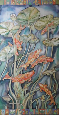 YVONNE AULD ORIGINAL ''In the Swim'' Koi Karpfen Orientalische Teichfische SEIDENMALEREI 