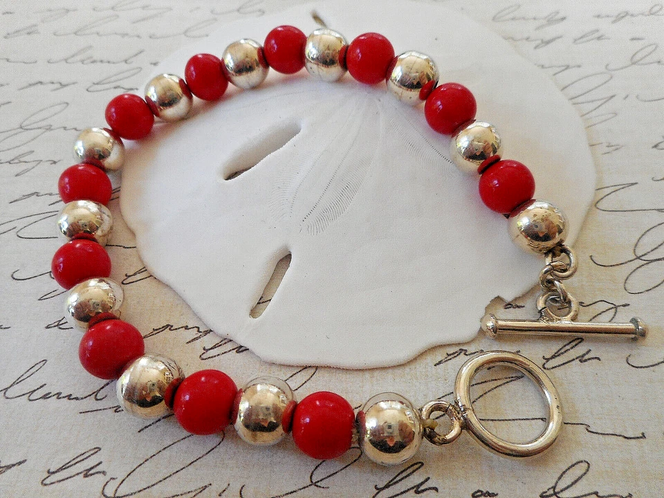 Pulsera de plata de ley con cuentas de coral rojo 8" 39R82N Foto 3 de 4
