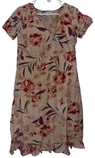 Amy’s Closet Womens Linen Blend Dress Sz 8 Brown Red Floral Ruffle Hem