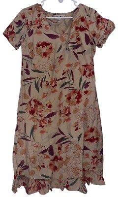 Amy s Closet Womens Linen Blend Dress Sz 8 Brown Red Floral Ruffle Hem