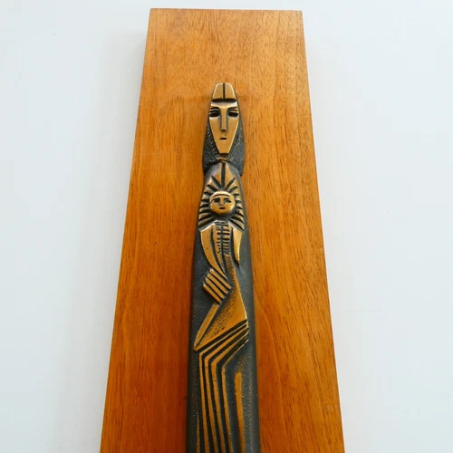 Vintage MCM Madonna Child Hanging Wall Plaque Metal On Wood 24 inch Brutalist