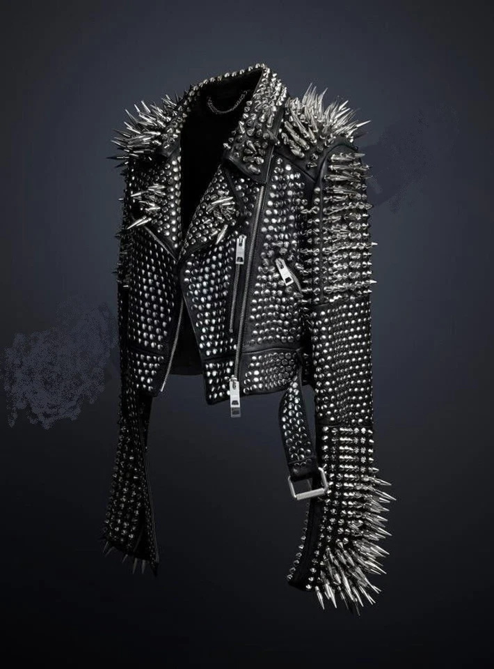 Men's Black Punk Full Silver Long Spiked Studded Unique Classic Leather Jacket - Image 2 of 3