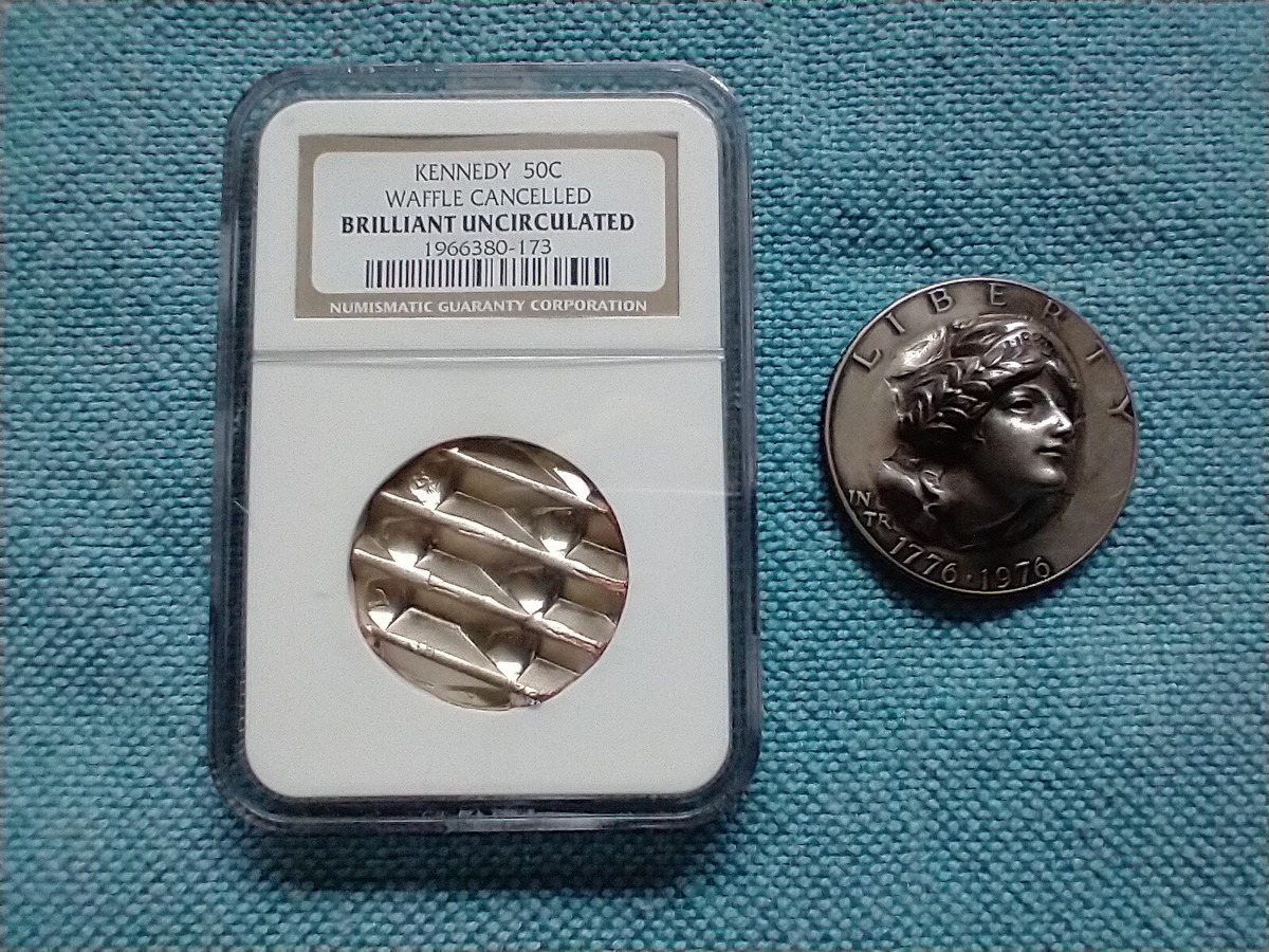 Unique 2 Coins, 1 Kennedy 50 Cent Waffle Coin & $1 Coin