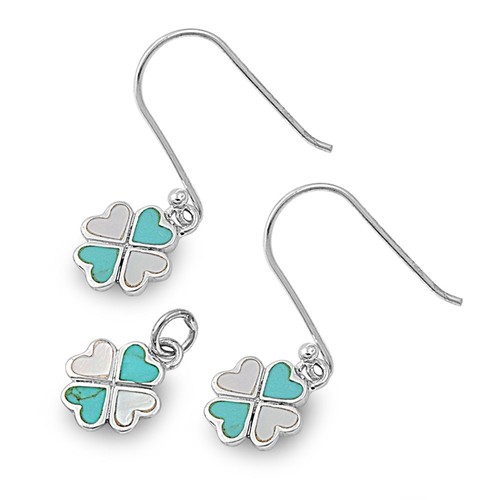 925 sterling silver set clover hearts turquoise pendant & hook
