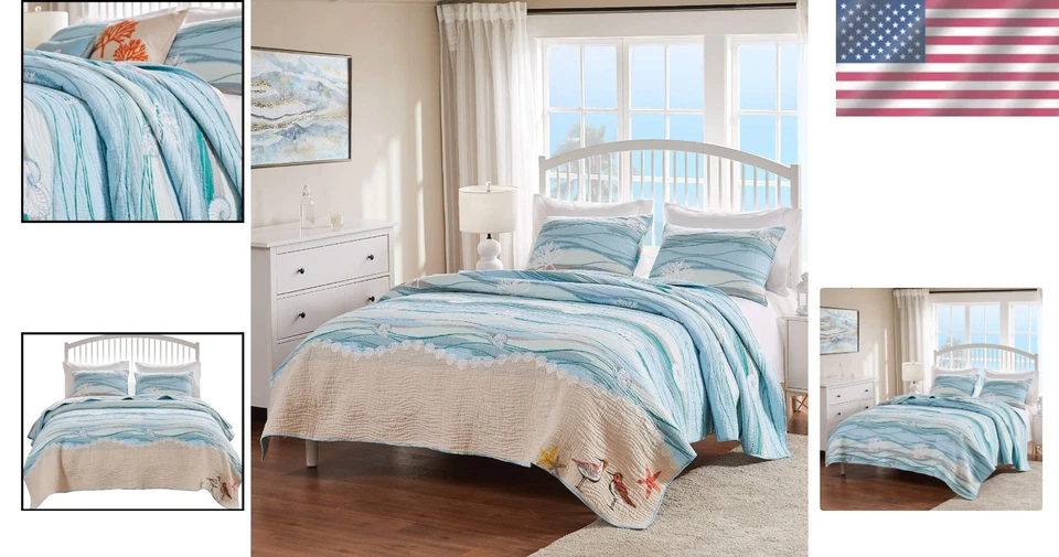 Coastal Quilt Set with Embroidered Sea Shells - Full/Queen - Image 2 of 4