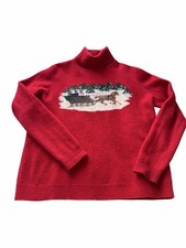 Ralph Lauren Women  s Vintage Red Lambswool Turtleneck Horse Sleigh Sweater