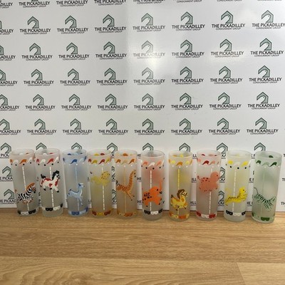 Vintage Frosted Carousel Animal Highball Glasses Set of 10 MCM Barware Multi