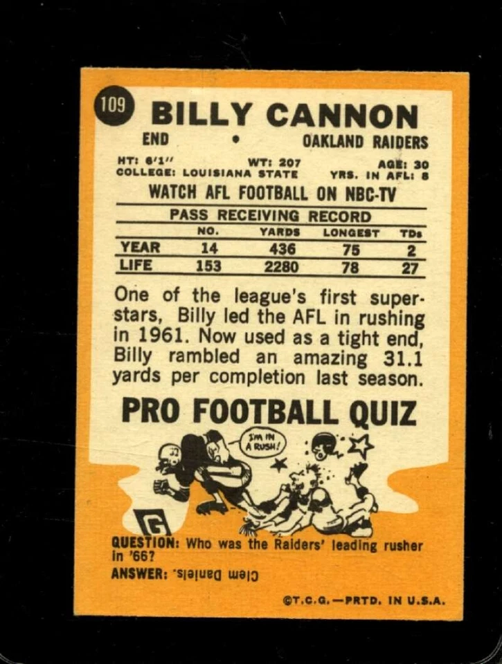 1967 TOPPS #109 BILLY CANNON VG+ RAIDERS *X74427 - Image 2 of 2