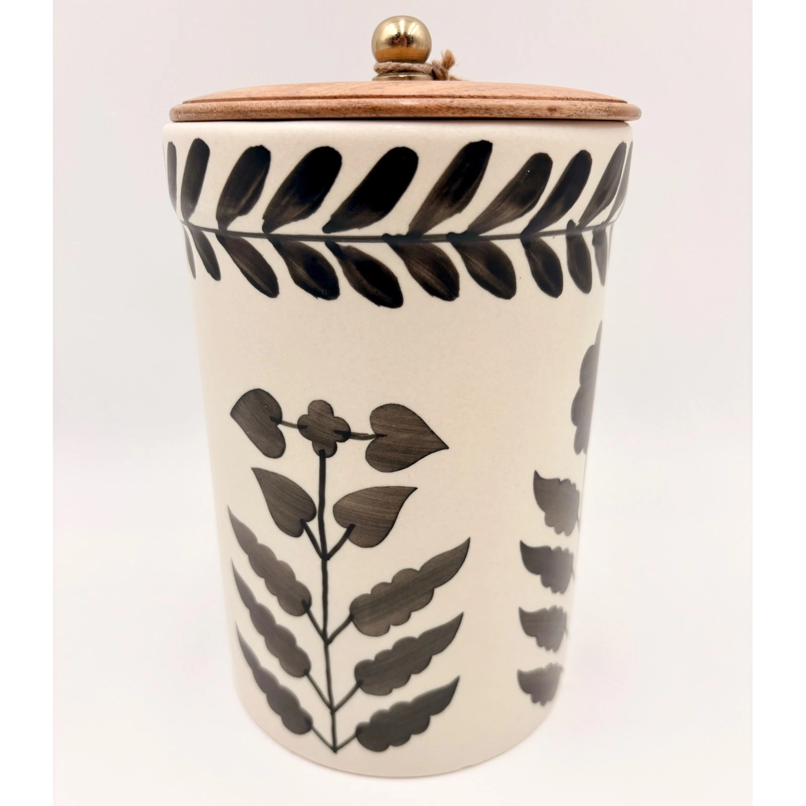 Hand Painted Ceramic Leaf Canister Wood Lid Gold Knob Cream Black Made in India