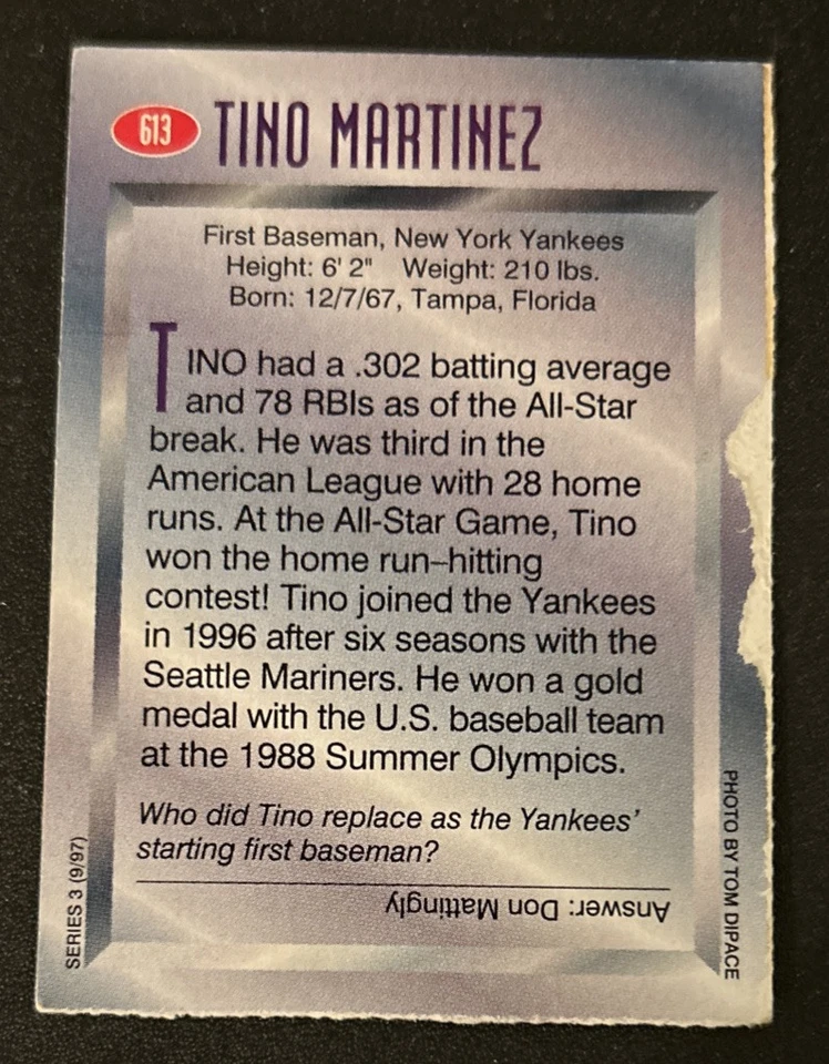 1997 Sports Illustrated For Kids SIFK Tino Martinez Baseball Card #613 Yankees - Image 2 of 2