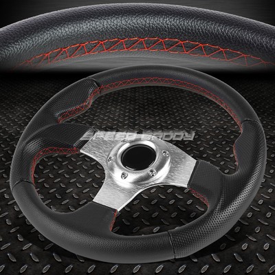 320MM SILVER SPOKE RED STITCH LIGHTWEIGHT 6-BOLT LEATHER RACING STEERING WHEEL