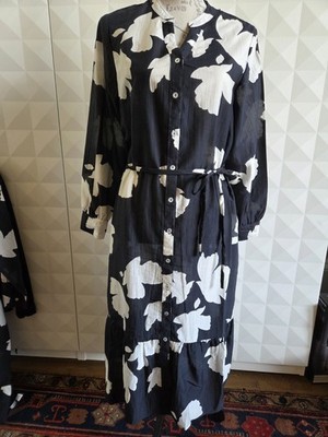 M&S LYOCELL RICH BLACK/ IVORY PRINT MIDAXI SHIRT STYLE DRESS. SIZE 14P. NWT